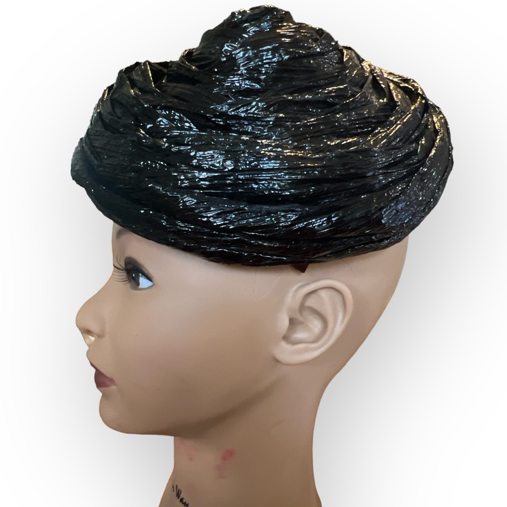 Artsy 1960’s Black Straw Hat, Black Cocktail Party Hat, Pillbox Hat - Picture 3 of 8